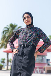 Remsa Mayo - Remsa Swimwear Colorful Leaf Pattern Fully Covered Hijab Black Swimsuit 2115 Hülya