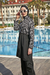 Remsa Mayo - Remsa Swimwear Parachute Fully Covered Hijab White Leaves Pattern Swimsuit 2112 PINAR
