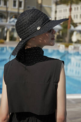 Remsa - Remsa Swimsuit Patterned Seashell Straw Hat Black RŞ-31 (1)