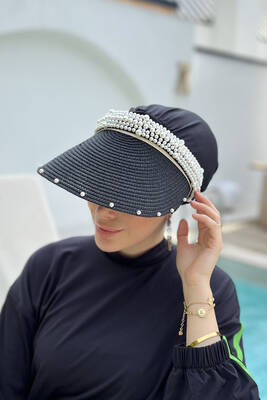 Remsa - Remsa Swimsuit Pearl Visor Straw Hat Sunscreen Visor RŞ-95 Black (1) Remsa - Remsa Swimsuit Pearl Visor Straw Hat Sunscreen Visor RŞ-95 Black (1)