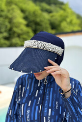 Remsa Mayo - Remsa Swimsuit Pearl Visor Straw Hat Sunscreen Visor RŞ-95 Navy Blue