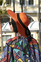 Remsa Mayo - Remsa Swimsuit Ribbon Detailed Straw Hat Orange RŞ-75