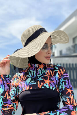 Remsa - Remsa Swimwear Black Ribbon Detailed Straw Hat Light Beige RŞ-72