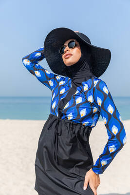 Remsa - Remsa Swimwear Blue Drop Design Fully Covered Hijab Swimsuit with Parachute Detail R059 Remsa - Remsa Swimwear Blue Drop Design Fully Covered Hijab Swimsuit with Parachute Detail R059