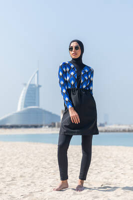 Remsa - Remsa Swimwear Blue Drop Design Fully Covered Hijab Swimsuit with Parachute Detail R059 (1) Remsa - Remsa Swimwear Blue Drop Design Fully Covered Hijab Swimsuit with Parachute Detail R059 (1)