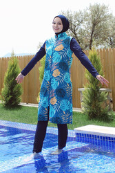 Remsa Mayo - Remsa Swimwear Design Fully Covered Hijab Large Yellow and Blue Leaves Pattern Swimsuit R024
