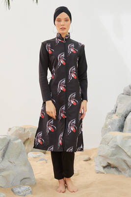 Remsa - Remsa Swimwear Fully Covered Hijab Black Swimsuit TD223-040 With Red and White Details Remsa - Remsa Swimwear Fully Covered Hijab Black Swimsuit TD223-040 With Red and White Details