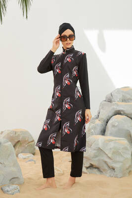 Remsa - Remsa Swimwear Fully Covered Hijab Black Swimsuit TD223-040 With Red and White Details (1) Remsa - Remsa Swimwear Fully Covered Hijab Black Swimsuit TD223-040 With Red and White Details (1)