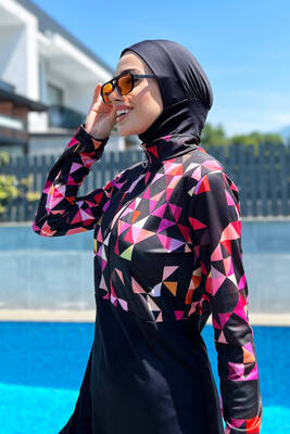 Remsa - Remsa Swimwear Half Zipper Lycra Fully Coverage Black Swimsuit R4501 Pink Geometry Themed  Remsa - Remsa Swimwear Half Zipper Lycra Fully Coverage Black Swimsuit R4501 Pink Geometry Themed