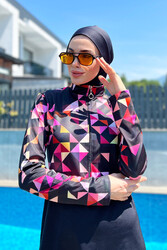 Remsa - Remsa Swimwear Half Zipper Lycra Fully Coverage Black Swimsuit R4501 Pink Geometry Themed (1)
