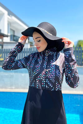 Remsa - Remsa Swimwear Half Zipper Lycra Fully Coverage Colorful Polka Dot Detail Swimsuit R4505 Maze Themed Remsa - Remsa Swimwear Half Zipper Lycra Fully Coverage Colorful Polka Dot Detail Swimsuit R4505 Maze Themed