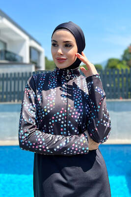 Remsa - Remsa Swimwear Half Zipper Lycra Fully Coverage Colorful Polka Dot Detail Swimsuit R4505 Maze Themed (1) Remsa - Remsa Swimwear Half Zipper Lycra Fully Coverage Colorful Polka Dot Detail Swimsuit R4505 Maze Themed (1)