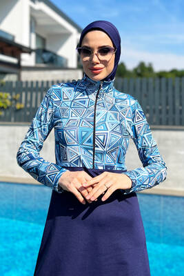 Remsa - Remsa Swimwear Half Zipper Lycra Fully Coverage Navy Blue Swimsuit R4506 White and Blue Triangle Themed Remsa - Remsa Swimwear Half Zipper Lycra Fully Coverage Navy Blue Swimsuit R4506 White and Blue Triangle Themed