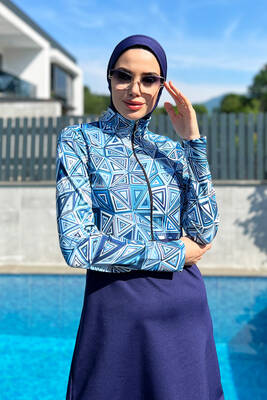 Remsa - Remsa Swimwear Half Zipper Lycra Fully Coverage Navy Blue Swimsuit R4506 White and Blue Triangle Themed (1) Remsa - Remsa Swimwear Half Zipper Lycra Fully Coverage Navy Blue Swimsuit R4506 White and Blue Triangle Themed (1)