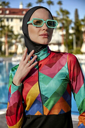 Remsa Mayo - Remsa Swimwear Half Zippered Lycra Fully Covered Black Swimsuit R4503 Colorful Tetris Themed (1)
