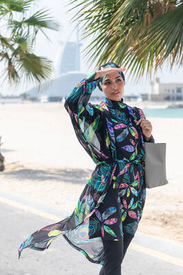Remsa - Remsa Swimwear Hijab Swimsuit with Single Kaftan Kimono Pareo RP004C Green Peacock Remsa - Remsa Swimwear Hijab Swimsuit with Single Kaftan Kimono Pareo RP004C Green Peacock