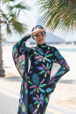 Remsa - Remsa Swimwear Hijab Swimsuit with Single Kaftan Kimono Pareo RP004C Green Peacock (1) Remsa - Remsa Swimwear Hijab Swimsuit with Single Kaftan Kimono Pareo RP004C Green Peacock (1)