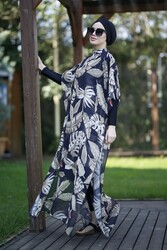 Remsa Mayo - Remsa Swimwear Brown Leaves Pattern Fully Covered Hijab Swimsuit Caftan Pareo 22963 Dark Blue