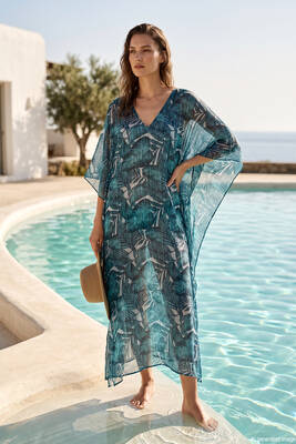 Remsa - Remsa Swimwear Knitted Single Kaftan Pareo 430-T12 Stripe Leaf