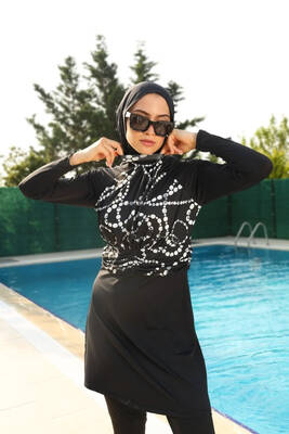 Armes - Remsa Swimwear Lycra Fully Covered Hijab Black Swimsuit With White Pattern 259/01 Armes - Remsa Swimwear Lycra Fully Covered Hijab Black Swimsuit With White Pattern 259/01