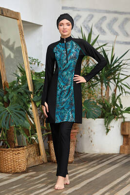 Remsa - Remsa Swimwear Lycra Fully Covered Hijab Blue Leaves Pattern Swimsuit Macella 1 4419 Black