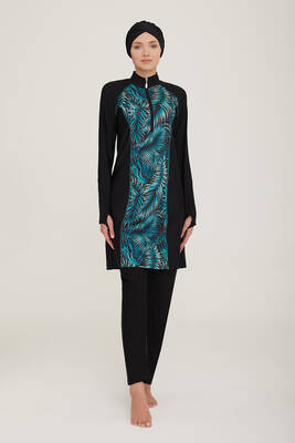 Remsa - Remsa Swimwear Lycra Fully Covered Hijab Blue Leaves Pattern Swimsuit Macella 1 4419 Black (1)