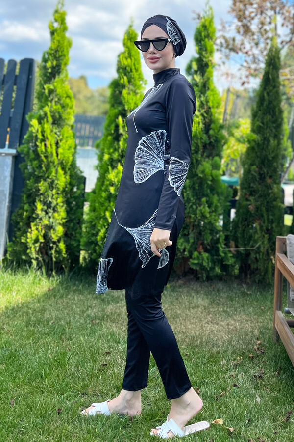 Remsa Swimwear Lycra Fully Covered Hijab White Big Leaves Patterned Swimsuit 2208 Rümeysa - Thumbnail