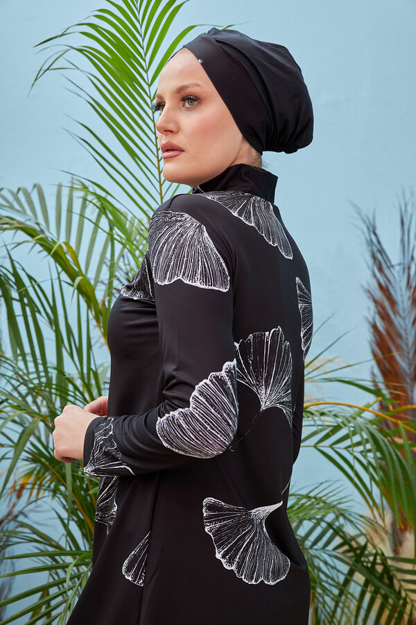 Remsa Swimwear Lycra Fully Covered Hijab White Big Leaves Patterned Swimsuit 2208 Rümeysa - Thumbnail