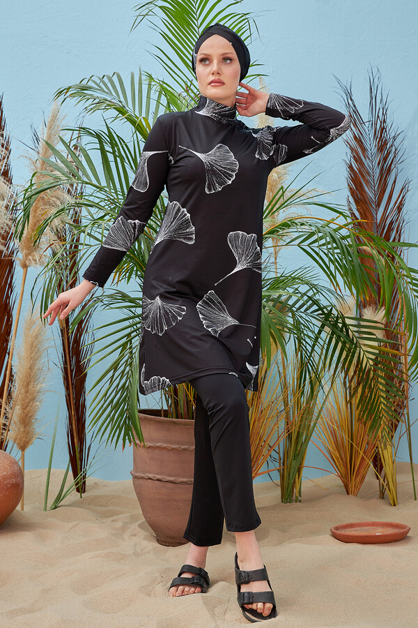 Remsa Swimwear Lycra Fully Covered Hijab White Big Leaves Patterned Swimsuit 2208 Rümeysa - Thumbnail