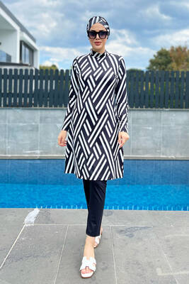 Remsa - Remsa Swimwear Lycra Fully Covered Hijab Swimsuit Black and White Zigzag 2201 ZEHRA (1)