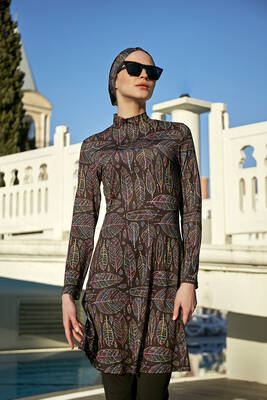 Remsa - Remsa Swimwear Lycra Fully Covered Hijab Colorful Leaves Pattern Swimsuit 2209 Zeynep Remsa - Remsa Swimwear Lycra Fully Covered Hijab Colorful Leaves Pattern Swimsuit 2209 Zeynep