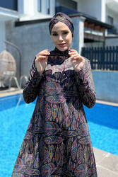 Remsa Mayo - Remsa Swimwear Lycra Fully Covered Hijab Colorful Leaves Pattern Swimsuit 2209 Zeynep