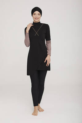 Remsa - Remsa Swimwear Lycra Fully Covered Hijab Swimsuit Norman 4414 Black With Brown Details (1) Remsa - Remsa Swimwear Lycra Fully Covered Hijab Swimsuit Norman 4414 Black With Brown Details (1)