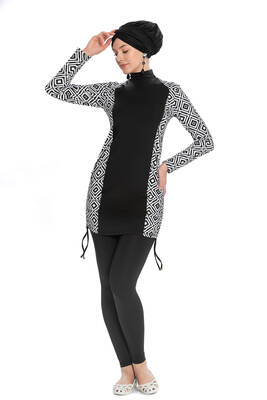 Armes - Remsa Swimwear Lycra Fully Covered White Square Pattern Swimsuit 261/510 Black Armes - Remsa Swimwear Lycra Fully Covered White Square Pattern Swimsuit 261/510 Black