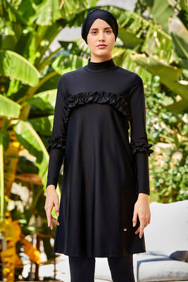 Remsa - Remsa Swimwear Lycra Hijab Ruffled Front and Sleeves Design Swimsuit 4333 Black  Remsa - Remsa Swimwear Lycra Hijab Ruffled Front and Sleeves Design Swimsuit 4333 Black