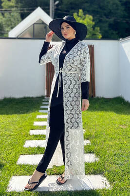 Remsa - Remsa Swimwear Open Front Pareo 498-486 Off White With Lace Patterned Remsa - Remsa Swimwear Open Front Pareo 498-486 Off White With Lace Patterned