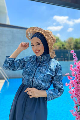 Remsa - Remsa Swimwear Parachute Fully Covered Hijab Swimsuit Tile Pattern R040 Rabia Remsa - Remsa Swimwear Parachute Fully Covered Hijab Swimsuit Tile Pattern R040 Rabia