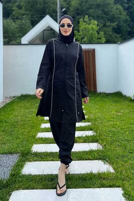 Rozamay - Remsa Swimwear Parachute Fully Covered Hijab White Line Detail Swimsuit Beny 9075 Black Rozamay - Remsa Swimwear Parachute Fully Covered Hijab White Line Detail Swimsuit Beny 9075 Black