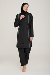 Remsa Mayo - Remsa Swimwear Parachute Fully Covered Hijab White Line Detail Swimsuit Beny 9075 Black