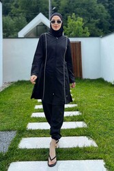 Rozamay - Remsa Swimwear Parachute Fully Covered Hijab White Line Detail Swimsuit Beny 9075 Black