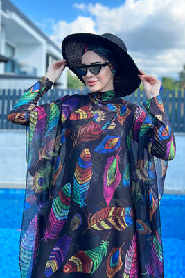 Remsa - Remsa Swimwear Patterned One Caftan Cover-up on Hijab Swimsuit 430-221 Tuğba Remsa - Remsa Swimwear Patterned One Caftan Cover-up on Hijab Swimsuit 430-221 Tuğba