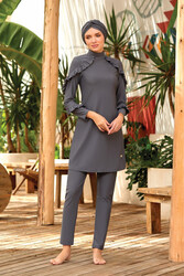 Remsa - Remsa Swimwear Ruffle Design Lycra Fully Covered Hijab Swimsuit Mırına 4104 Anthracite