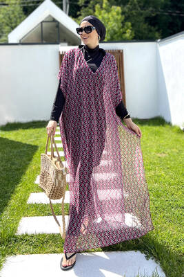 Remsa Mayo - Remsa Tesettür Mayo Üzerine Desenli Tek Kaftan Pareo 430-306 Fuşya (1)