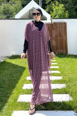 Remsa Tesettür Mayo Üzerine Desenli Tek Kaftan Pareo 430-306 Fuşya · 3