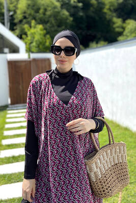 Remsa Tesettür Mayo Üzerine Desenli Tek Kaftan Pareo 430-306 Fuşya · 5