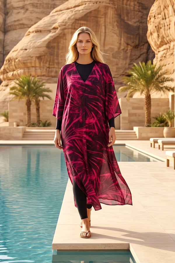 Remsa Tesettür Mayo Üzerine Tasarım Tek Kaftan Pareo RDP26 Fuşya - Thumbnail
