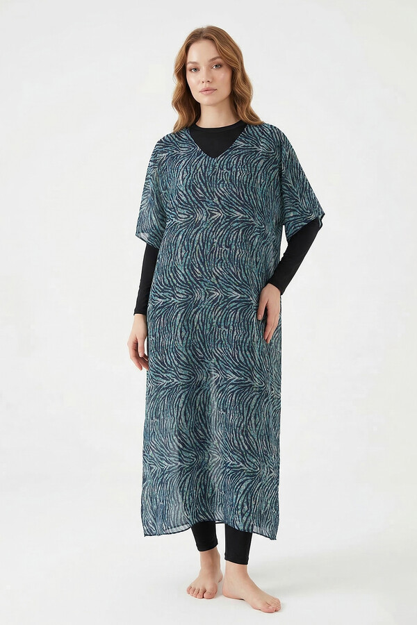 Remsa Tesettür Mayo Üzerine Tasarım Tek Kaftan Pareo RDP26 Lacivert - Thumbnail