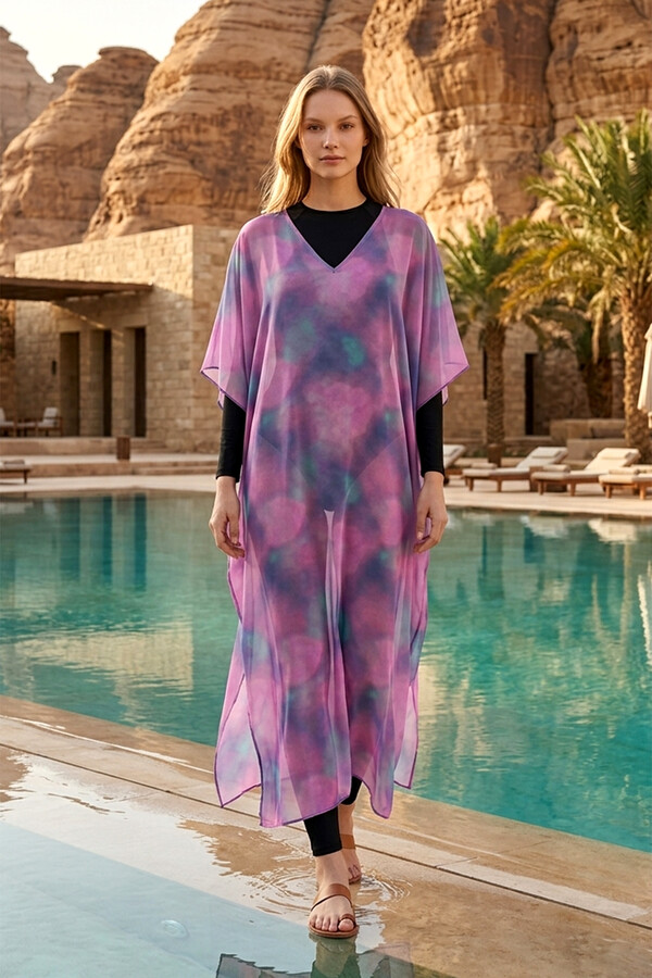Remsa Tesettür Mayo Üzerine Tasarım Tek Kaftan Pareo RDP26 Lila - Thumbnail