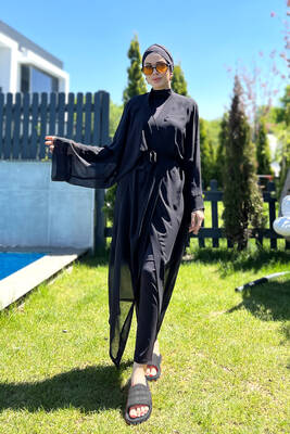 Remsa Mayo - Remsa Tesettür Mayo Üzerine Tek Kaftan Kimono Pareo Düz Siyah RP004 Hatice