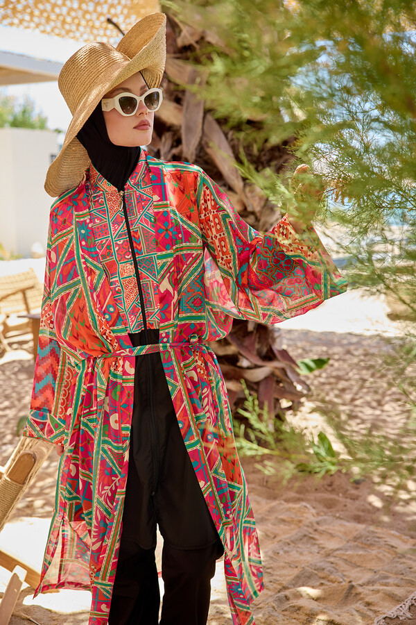 Remsa Mayo - Remsa Tesettür Mayo Üzerine Tek Kaftan Kimono Pareo Pembe RP031 Arzu (1)